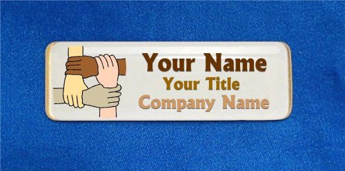 Hands four custom personalized name tag badge id diversity teamwork skin colors for sale