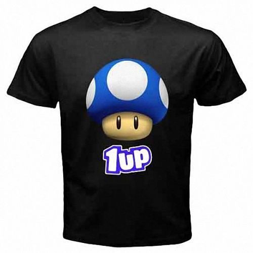 1UP BLUE MUSHROOM Mario Bros Nintendo Game Mens Black T-Shirt Size S, M, L - 3XL