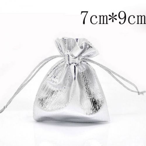 Free Shipping 100 Pcs Silver Plated Satin Fabric Gift Bags With Drawstring 7x9cm
