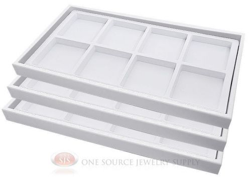 (3) White Plastic Stackable Trays w/8 Compartments White Jewelry Display Inserts