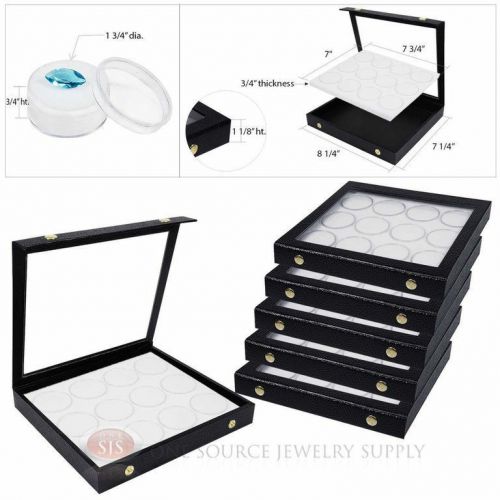 (6) White 12 Gem Jar Inserts w/ Snap Acrylic Display Cases Gemstone Jewelry