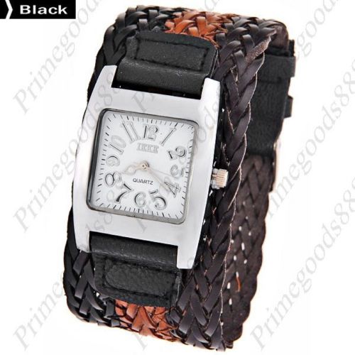 Wide Square Twin PU Leather Quartz Wrist Lady Ladies Wristwatch Women&#039;s Black