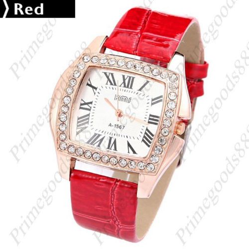 Synthetic leather rhinestone roman numbers wrist quartz wristwatch women&#039;s red for sale
