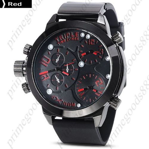Hot Series PUNK 3 Time Zones Wristwatch Quartz Analog Men&#039;s Black Red Face