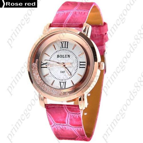 Loose Rhinestones PU Leather Analog Quartz Wrist Wristwatch Women&#039;s Rose Red