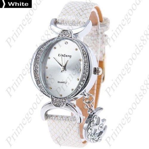 Round Rhinestones Charm PU Leather Lady Ladies Quartz Wristwatch Women&#039;s White