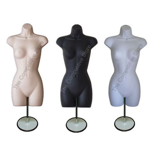 3 Pcs. Female Mannequin Forms (Hip Long) W/ Base - S-M Sizes - Black White Flesh