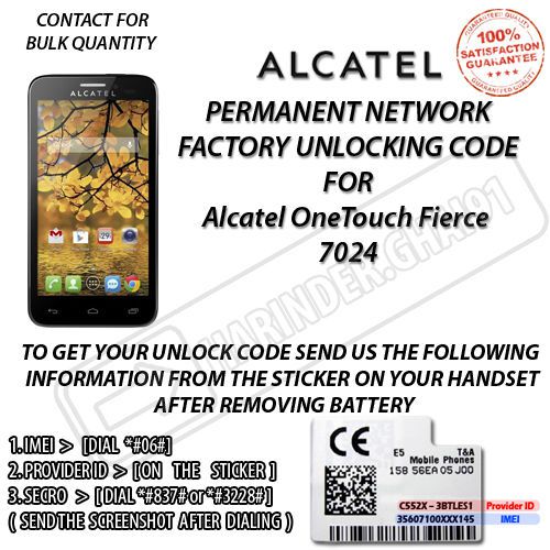 Alcatel OneTouch Fierce 7024W PERMANENT FACTORY UNLOCK CODE ALCA
