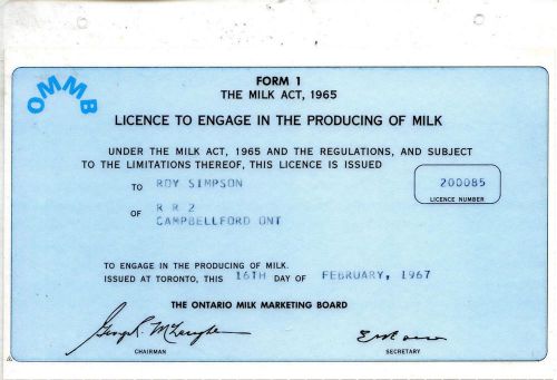 Ontario milk producing licence-1967-original-very rare indeed for sale