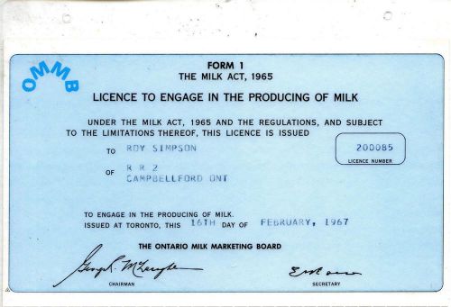 ONTARIO MILK PRODUCING LICENCE-1967-ORIGINAL-VERY RARE INDEED