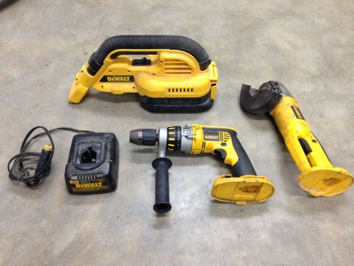 Lot of 3 18v dewault cordless power tools w/car charger, drill, grinder, vaccumm for sale