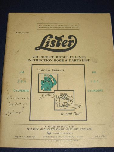 Lister Air Cooled Diesel Engines Instruction Book &amp; Parts List HA HB - ORIGINAL