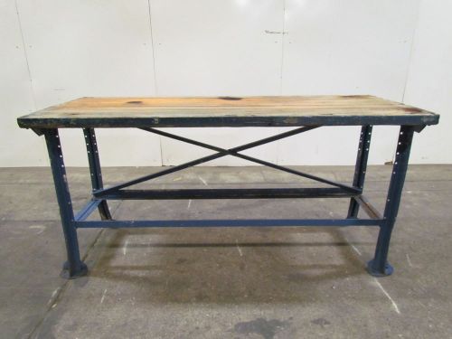 Vintage Industrial Butcher Block Workbench Table Blue Welded Steel Frame 72x28&#034;
