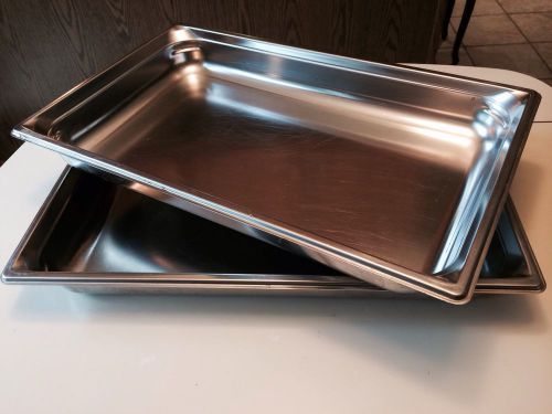 (2) HEAVY DUTY STAINLESS STEAM TABLE PANS FULL SIZE 2&#034; Syscoware MADE IN USA