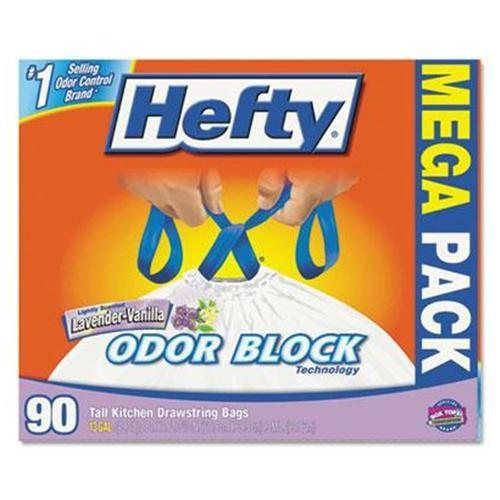 Hefty® Odor Block Tall-Kitchen Drawstring Bags, 13gal, White, Lavender Scent, 90