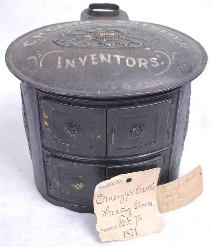 * VERY RARE * Antique 1871 US Patent Model Heating Stove w/ Original Tag