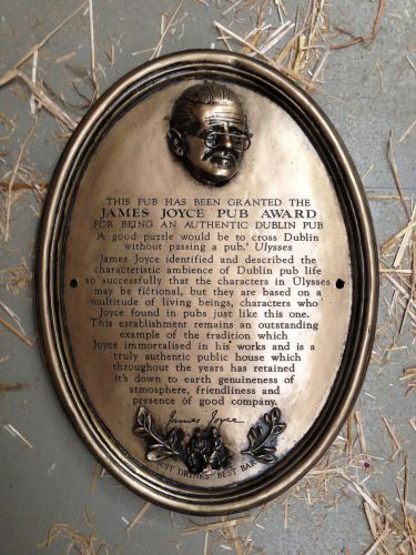 Stunning Rare James Joyce Authentic Irish Bar Award from Pub Association Ireland