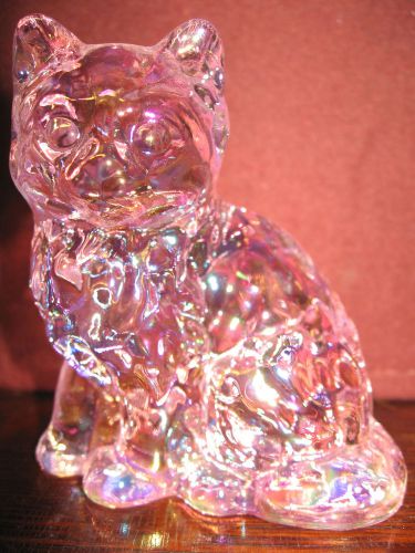 Pink rose carnival glass Cat Kitten paperweight / kitty iridescent art figurine