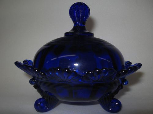 Cobalt Blue glass klondyke pattern Covered Candy dish butter fluted scrolls art