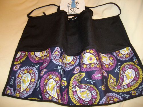 Black server waitress waist apron blue  paisley 3 pocket apron name added free for sale