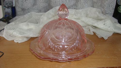 Pink glass inverted thistle pattern domed covered butter dish round pound for sale