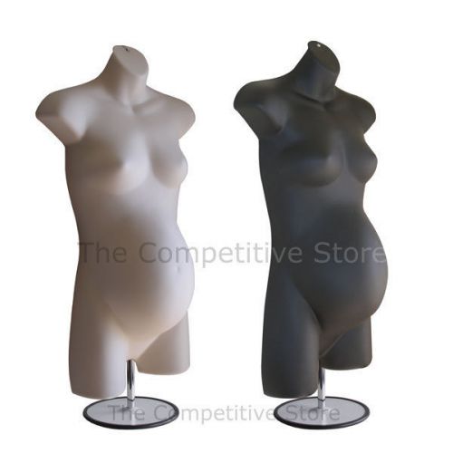 2 maternity female mannequin dress forms with metal base - 1 black + 1 flesh for sale