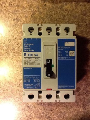 Westinghouse series c industrial circuit breaker ehd3015, 15 amps 480 vac 3 pole for sale