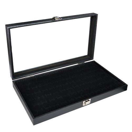 Glass Top Black Jewelry Display Case With 72 Slot Ring Tray 14 3/4&#034;W x 8 1/4&#034;D x