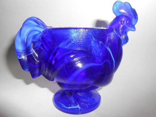 Cobalt blue milk slag glass hen / chicken egg cup toothpick holder dish rooster