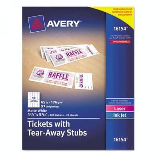 Printable Tickets w/Tear-Away Stubs, 1-3/4 x 5-1/2, Matte White, 200 Ticke 16154