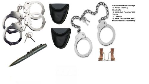 Police style handcuffs and leg iron combo with tactical pen plus free pouches for sale