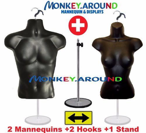 2 mannequins+1 stand +2 hangers,man women black dress body form-display clothing for sale