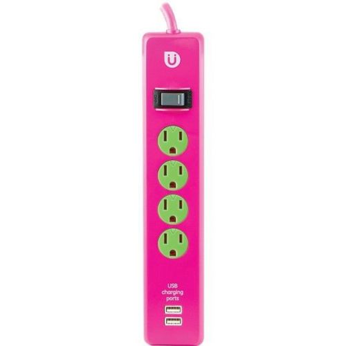 GE 25118 Uber 4 Outlet Power Strip w/2 USB Ports 4&#039; Cord Pink/Green