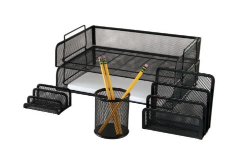 Officemax 5 piece mesh desk accessory set, black for sale