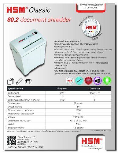 HSM Classic 80.2, 10-12 Sheet, Strip-Cut, 4.5-Gallon Capacity Shredder