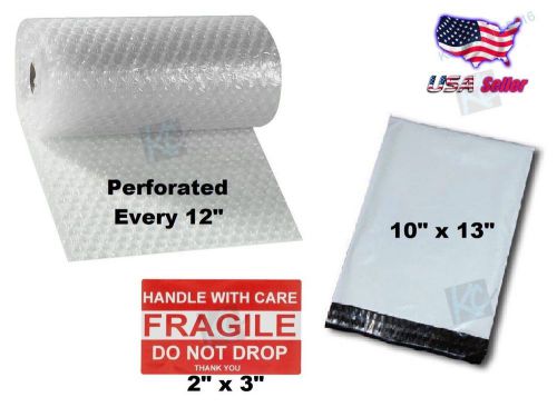 5 Feet Bubble Cushioning Wrap / 5 Poly Mailer Bags 10x13 / 5 Fragile Labels