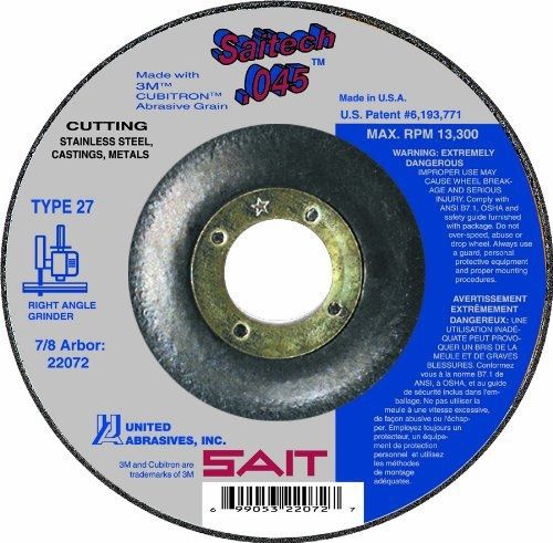 United Abrasives SAIT 22082 Type 27 Saitech Cutting Wheel, 6-Inch x .045-Inch x