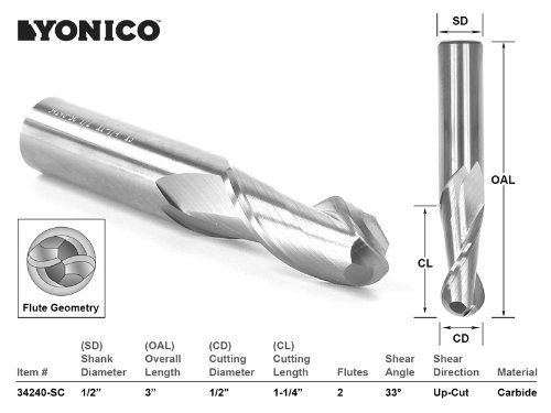 Yonico 34240-SC CNC Router Bit Ball Nose Solid Carbide with 1/2-Inch X