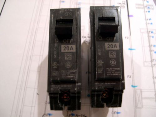 Two GE THHQB 1 Pole 20 Amp 120 Volt 22KAIC Bolt-On Circuit Breakers