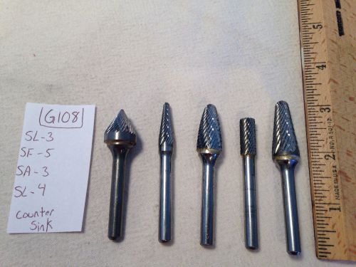 5 NEW 1/4&#034; (.250) SHANK CARBIDE BURRS. DOUBLE CUT SL-4, SF-5, SL-3, SA-3 {G108}