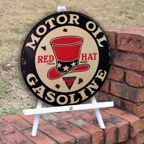 Vintage Red Hat Gasoline weathered antique look metal wall decor for garage bar