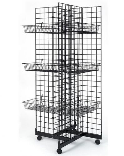 Metal Gridwall Fixture w/ Wheels &amp; 12 Baskets, 4-Sided - Black 19369