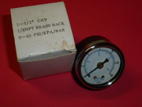 NOS! AIR PRESSURE GAUGE, 60 PSI, 1-1/2&#034; FACE, BACK MOUNT, 1/8&#034; NPT