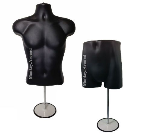 Lot 2 black male mannequin torso body form trunk display hangs + stand halloween for sale