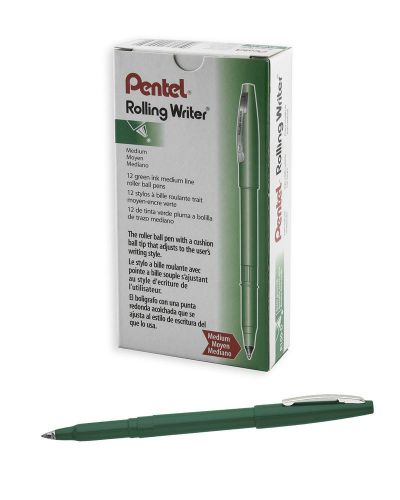 NEW 12 Pentel Rolling Writer Medium GREEN Roller Ball Pens - R100-D