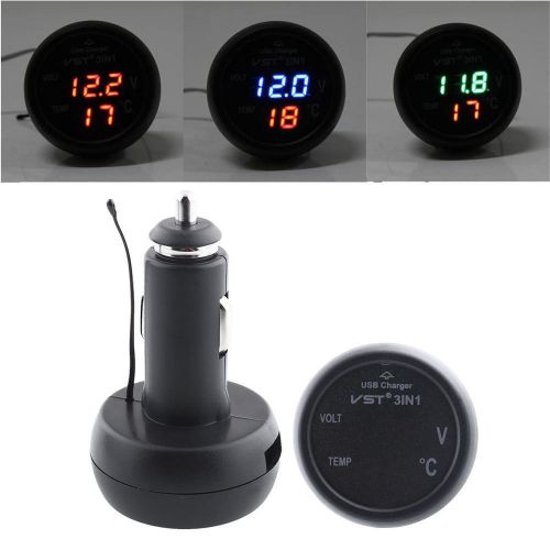 Black 3 in 1 12v 2.1A LED Voltmeter Thermometer Car Charger USB Battery Monitor