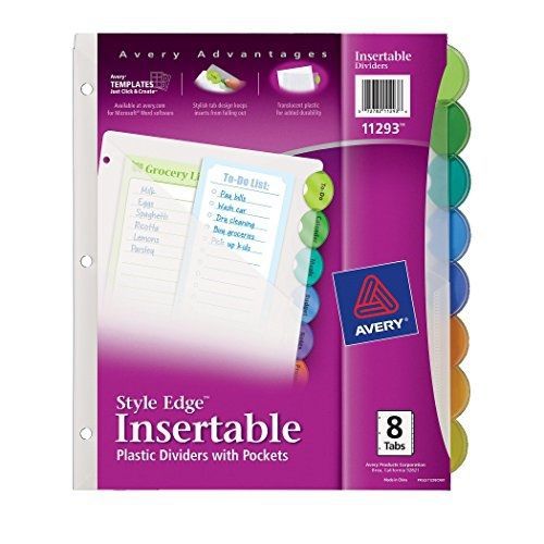 Avery Style Edge Insertable Plastic Dividers with Pockets, 8-Tab Set, 1 Set