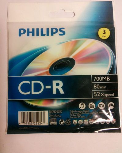 3 pack Philips CD-R 700MB 80min 52x Speed DISCS 80 minutes cd compact disc