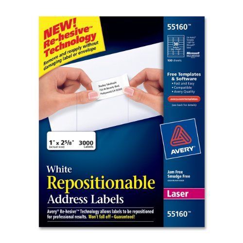 Avery White Repositionable Address Labels for Laser Printers, 1 x 2.625 Inches,