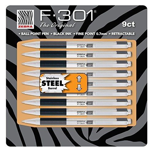 Zebra F-301 Ballpoint Retractable Pen, Black Ink, Fine Point Tip, 9 Pens per